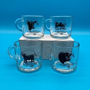 Set of 4 Vintage Anchor Hocking Clear Glass Mugs with Black Cow Print 1980s